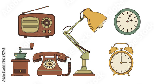 Collection of vintage household objects including a radio, telephone, lamp, and clocks