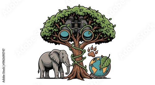 Tree of life with binoculars, elephant, paw print, and globe symbolizing nature exploration