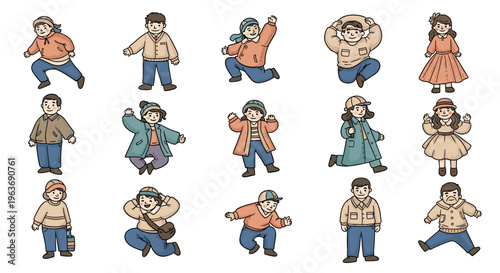 Collection of diverse cartoon children and adults in various playful poses and outfits