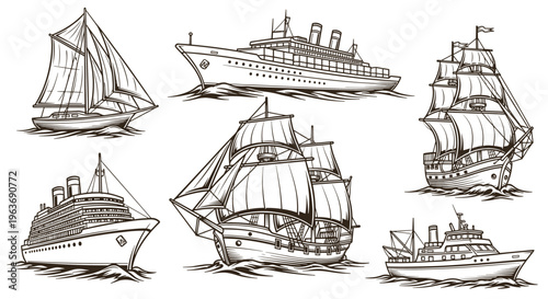 Collection of diverse sailing and motor vessels depicted in a vintage line art style