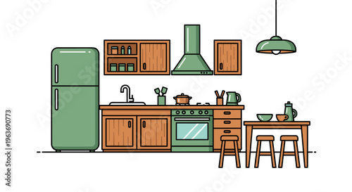 Cozy kitchen interior with modern appliances and dining area, flat design illustration