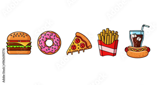 Collection of popular fast food items including a burger, donut, pizza, fries, and hot dog