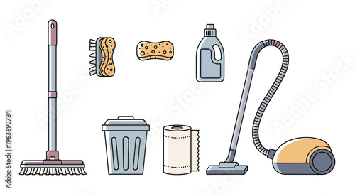 Collection of cleaning supplies including a mop, vacuum, and sponges for household chores