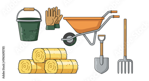 Farm and garden tools collection with hay bales and a wheelbarrow