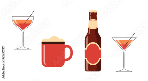 Collection of alcoholic beverages including cocktails, beer, and a mug of frothy drink