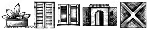 Vintage hand drawn set of architectural details including shutters and stone facade