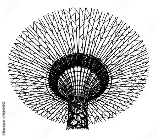 Futuristic architectural supertree structure of Singapore Gardens by the Bay in hand drawn line art style
