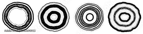 Hand drawn vintage woodcut style set of circular organic tree rings and wood cross sections