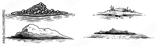 Collection of vintage woodcut style nature landscapes and island elements