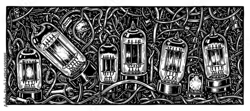 Detailed vintage engraving of radio vacuum tubes tangled in a mess of electronic wires