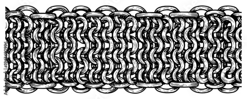 Detailed hand drawn horizontal border of interlocking metal chain mail links in vintage engraving style