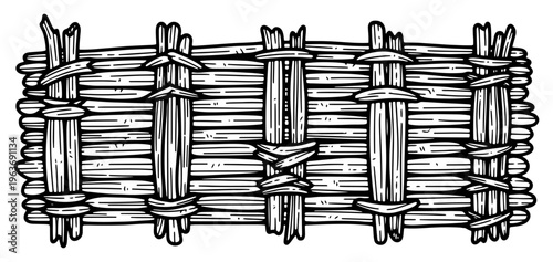 Vintage hand drawn woodcut illustration of a woven bamboo mat or straw fence