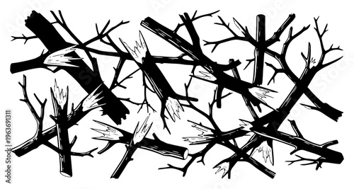 Graphic illustration of various broken wooden branches and splintered logs on white background