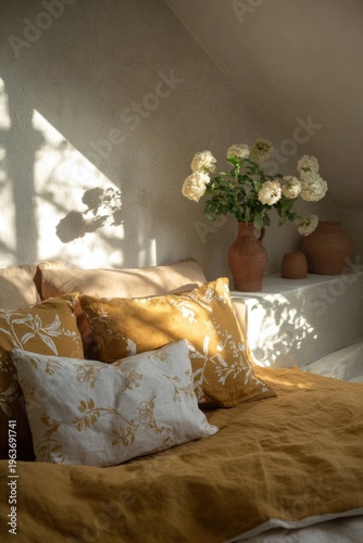 Soft shadows fall on a cozy bed with yellow and white pillows, decorated with flowers in a vase in a warm room during the afternoon light