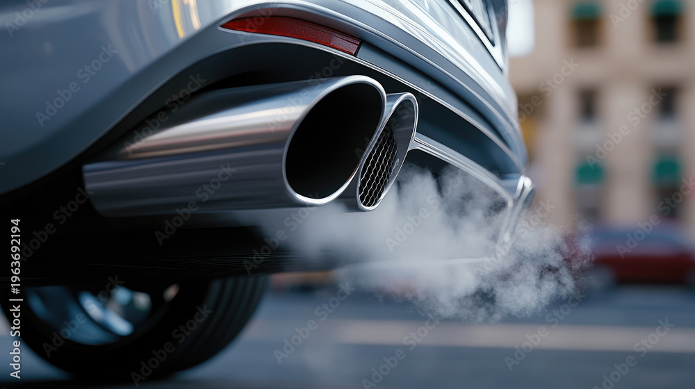Fototapeta premium Car exhaust pipe releasing plumes of white smoke into the air, representing increasing carbon emissions, environmental impact of transportation, and urban air quality issues
