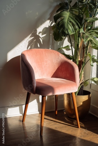In the cozy room, a chair upholstered in soft fabric is positioned next to a lush green plant, all while warm sunlight filters in through the window in the afternoon