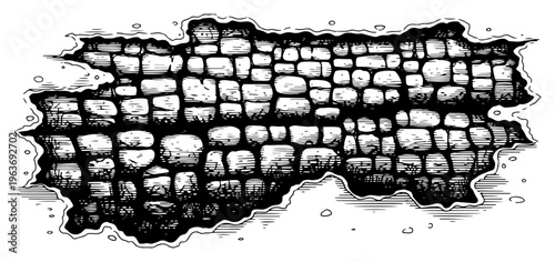Detailed vector sketch of a hole in plaster revealing a stone or brick wall structure