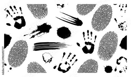 Collection of black ink fingerprints and handprints with various smudge marks and grunge textures