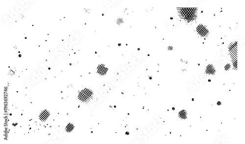 Abstract grunge texture overlay with black ink dots, speckles and hatched elements, distressed vintage effect background