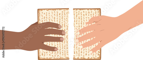 Hands breaking matzah at Passover celebration, symbolizing unity and tradition for Jewish holiday Seder meal.