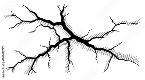 Large hand drawn impact crack with realistic hatching and sketch style fissures