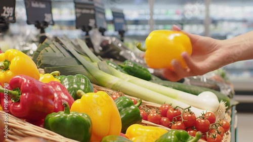 Wallpaper Mural Smooth cinematic video glides through pristine modern supermarket produce aisle, vibrant fresh vegetables, hand selecting bell pepper, creamy bokeh. Wholesome convenience concept Torontodigital.ca