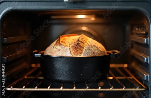 Round loaf of artisan sourdough bread baking in cast iron pot inside oven. Golden crust browns evenly, developing a rich flavor profile. Perfect for home bakers and food blogs.