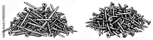 Detailed engraving style vector illustration of small piles of metal nails and screws