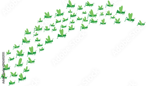 Flock of green grasshoppers migrating across gray checkered background symbolizing nature insects and pest control concept vector illustration.