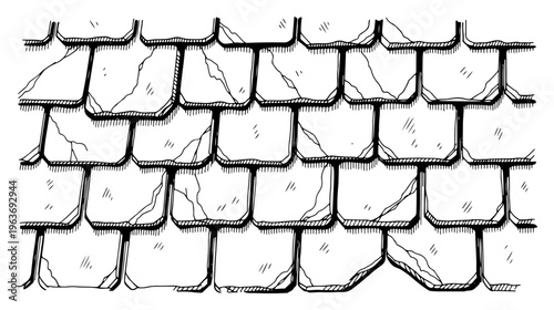 Vector sketch of old weathered roof shingles pattern with cracks and detailed hatching