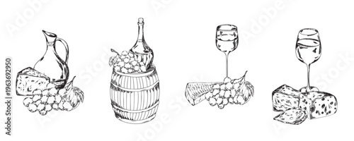 Set of vintage line art illustrations featuring wine bottles, barrels, grapes, and cheese. Perfect for wine labels, restaurant menus, winery branding, and gourmet food packaging design