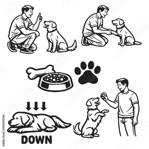 Dog training vector set with man teaching commands, black and white pet obedience illustrations, canine behavior and care icons