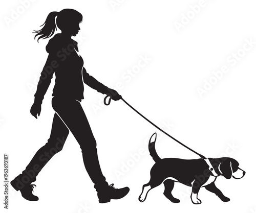 Black silhouette of woman walking dog on leash, female pet owner with beagle puppy vector, active lifestyle person and canine companion