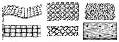 Collection of hand drawn industrial and natural textures including tiles bubble wrap and braided patterns