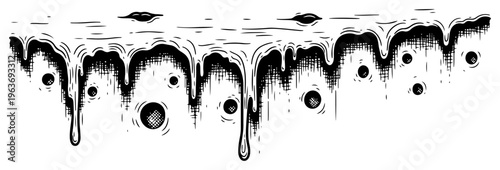 Surreal dripping liquid illustration with floating organic bubbles and hand drawn shading textures