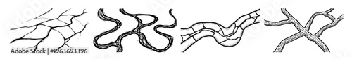 Set of hand drawn ground cracks and winding fissures in vintage engraving style