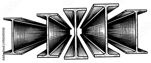 Hand drawn vector illustration of steel I beams in industrial engraving style