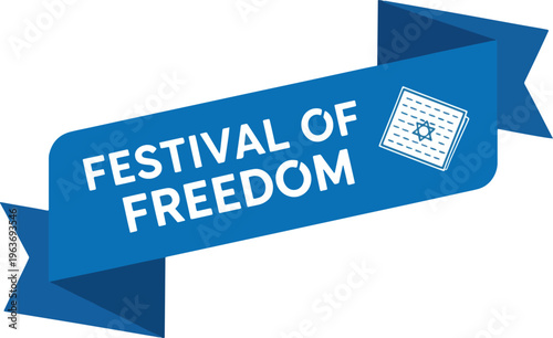Festival of freedom text on blue ribbon banner with matzah icon, traditional symbols of passover holiday.