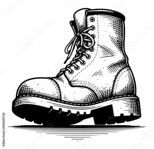 Classic leather work boot side view illustration in detailed vintage engraving style