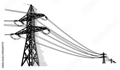 High voltage electricity transmission towers and power lines in vintage engraving style