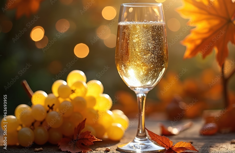 Fototapeta premium Glass of bubbly white wine next to ripe grapes. Warm autumn leaves and soft bokeh lights create a festive holiday atmosphere. Perfect for harvest celebrations and seasonal parties.