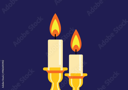 Pair of glowing candles illuminating dark blue background, flat vector illustration ideal for holidays, romance, or solemn occasions.