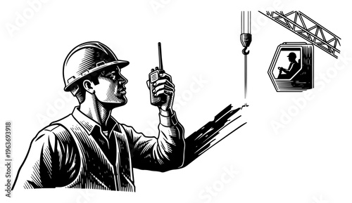 Professional construction worker in hard hat using walkie talkie near crane in engraving style