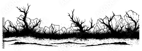 Stark black and white silhouette of dead bushes and jagged rocks horizontal border