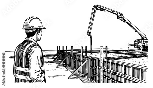 Hand drawn vector illustration of a construction worker supervising a concrete pump pouring a foundation