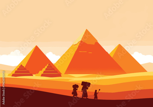 Ancient egyptian pyramids in desert landscape with silhouetted figures walking towards them under orange sky with clouds.