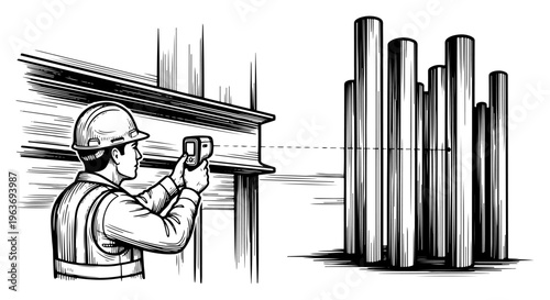 Vintage vector sketch of an engineer using a laser distance meter on an industrial construction site