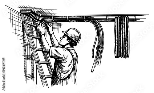Professional electrician on ladder installing complex wiring and cables in industrial building engraving style
