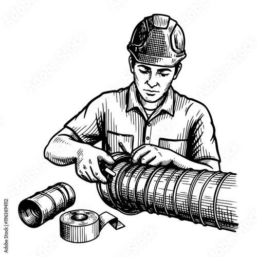 Industrial worker in hard hat sealing ventilation duct pipe with tape in vintage engraving style