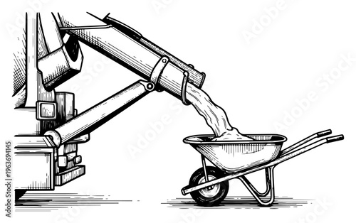 Hand drawn vector illustration of a concrete mixer truck pouring wet cement into a wheelbarrow
